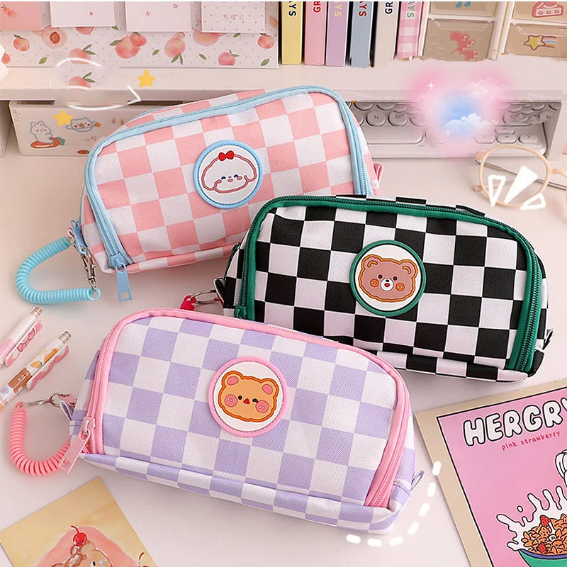 

Checkerboard Kawaii Pencil Case Bags Large Capacity Portable Cute Pen Pouch Korean Stationery School Office Supplies for Student