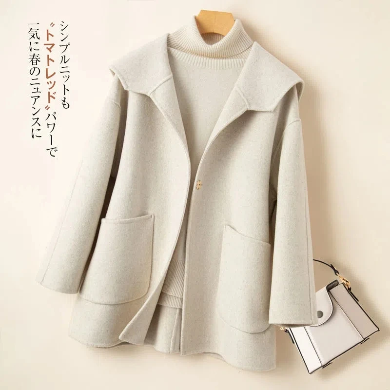 2023 Autumn Winter Coat Women Navy Collar Woolen Jacket Korean Single-Breasted Pocket Double-Sided Cashmere Outwear Windbreaker