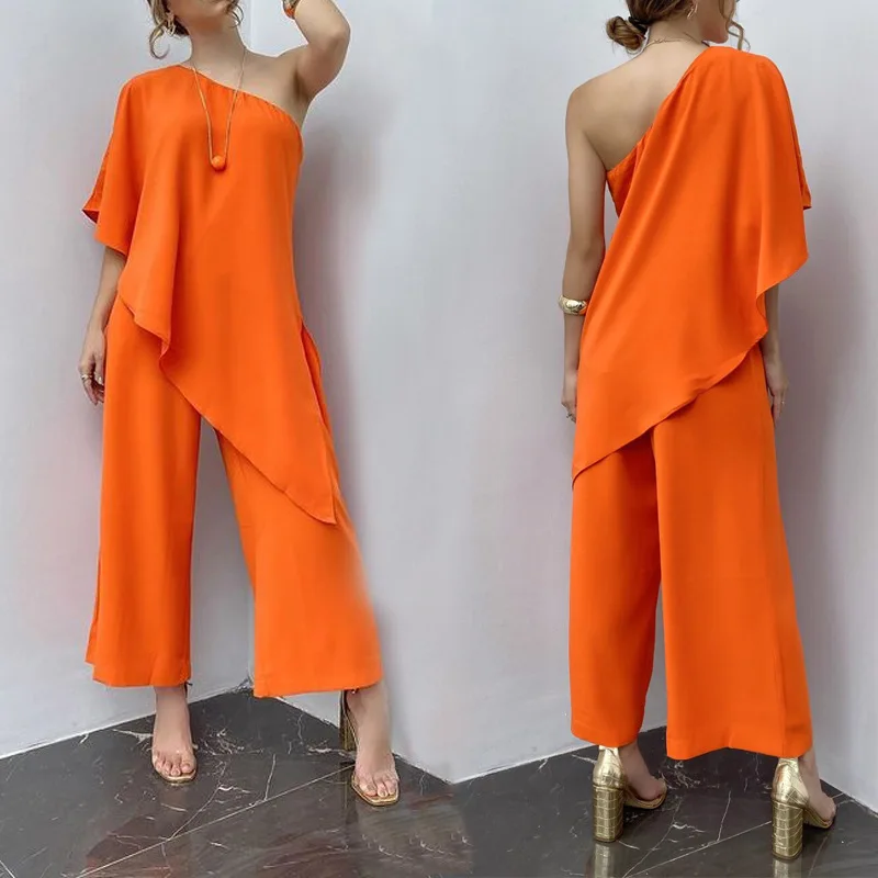 

2022 Europe and America Spring and Summer New Women's Temperament Commuting Sexy Slant Shoulder Loose Solid Color Jumpsuit