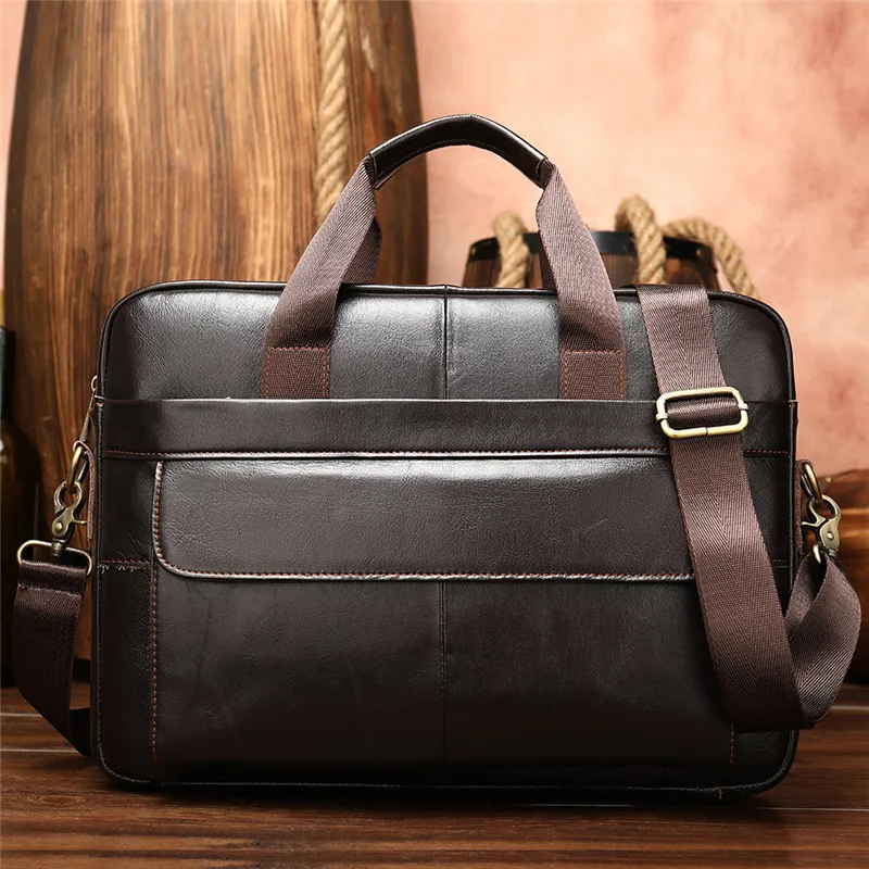 Retro fashion high-quality natural genuine leather men's 14-inch briefcase outdoor work office lawyer laptop business handbag