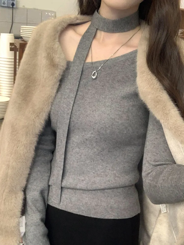 Black Oblique Collar off-the-Shoulder Knit Women Autumn and Winter Design Ribbon Hanging Neck Slim fit Inner wear Short off-S...