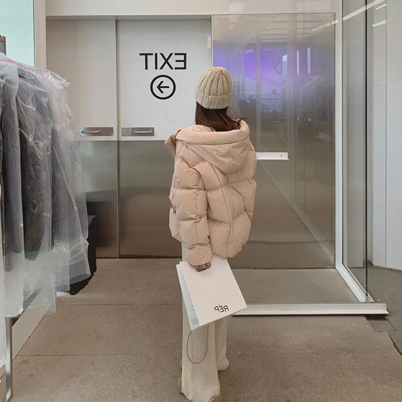 Hooded Down Jacket Women's Winter New Solid Colour Cotton Clothing Students Thicken Warm Bread Clothes Jacket Casual Tops