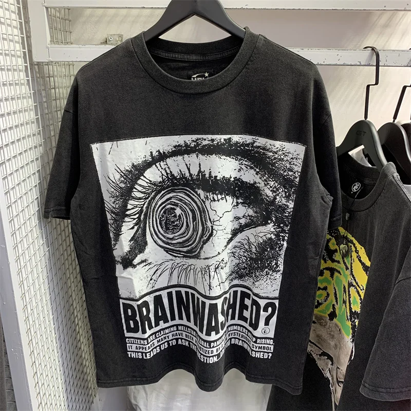 

Hellstar Large Vintage Wash Black Pupil Micro Label Print High Street Round Neck High Quality T-shirt Short Sleeve