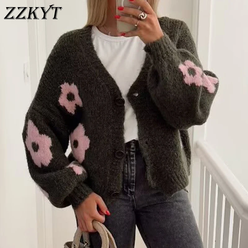 

Женский Осенний цветочный Свободный вязаный свитер, женский кардиган, Весенняя трикотажная одежда с V-образным вырезом, Женская Повседневная Уличная одежда, топы, женский кардиган, 2023