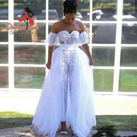white tulle prom jumpsuit with sweep train sexy off the shoulder evening gowns african sweetheart elegant party bride gowns