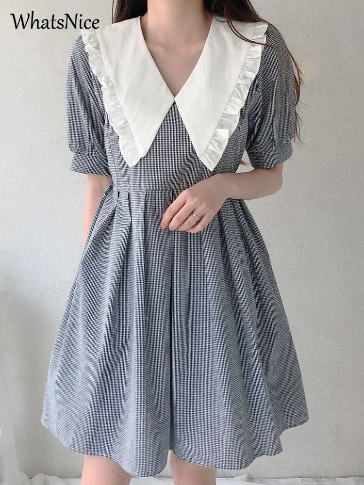 

New Korean Fashion Girls Doll Collar Puff Sleeve Vintage Plaid Woman Dress for Women Casual Female Ladies Dresses Dropshipping