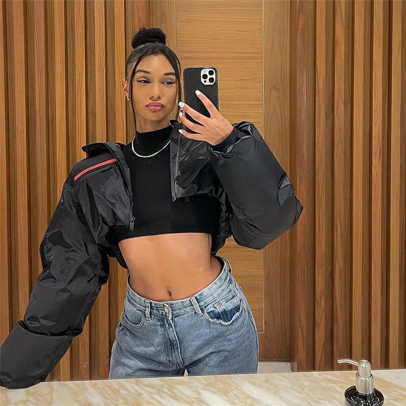 2022 Autumn and Winter New Women's Fashion Printing Zipper Hood Waist Loose Short Cotton Jacket Women