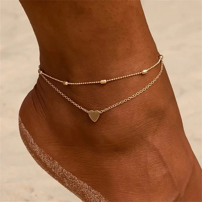 

Minar Minimalist Metallic Love Heart Beads Double Layers Anklets 18K Gold Plated Stainless Steel Waterproof Anklet for Women