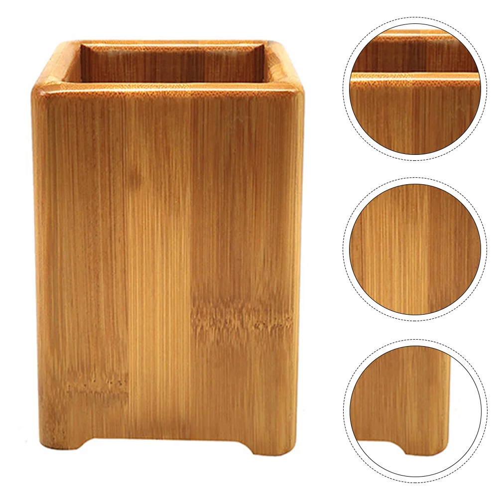 Desk Pen Holder Cup Makeup Brush Organizer Paintbrush Bamboo Tabletop Wooden Stand Simple