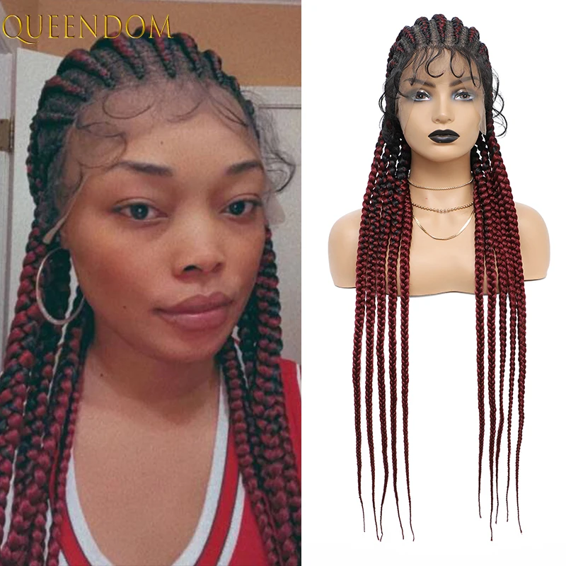 Synthetic Full Lace Front Cornrow Box Braided Wig with Baby Hair Ombre Red Brown Blonde Braids Lace Frontal Wigs for Black Women