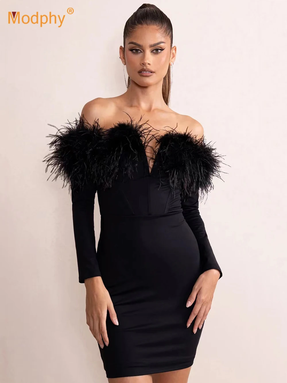 

Новинка 2023, женское платье без бретелек Modphy с перьями, Бандажное мини-платье для вечерние, Шикарное облегающее черное платье с длинным рукавом, платье