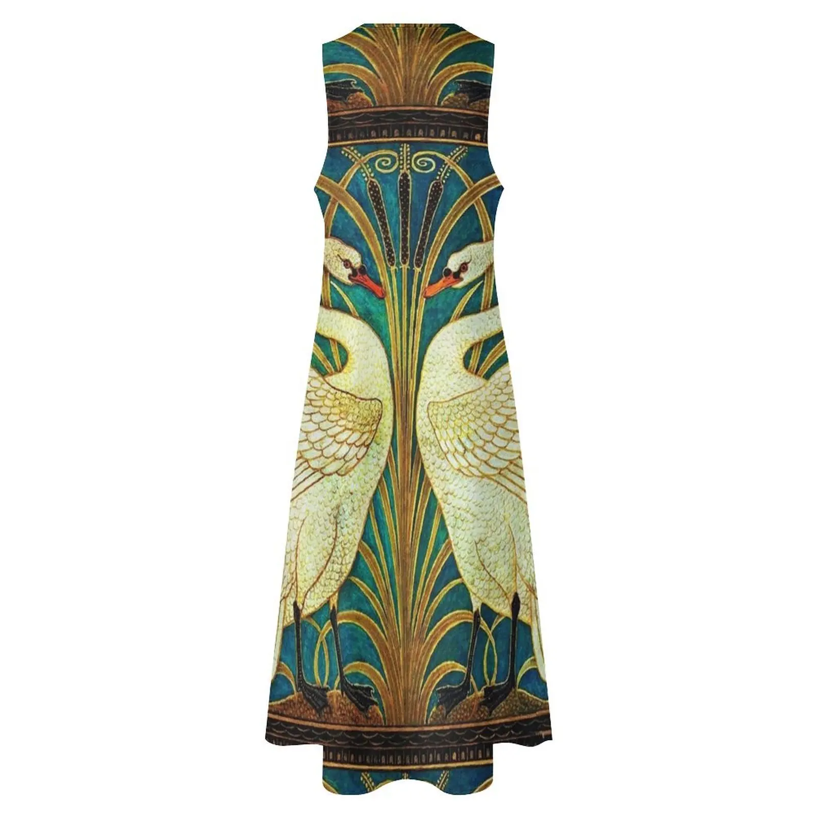 ДВЕ БЕЛЫЕ SWANS AMONG REEDS IN BLUE Art Nouveau Animals Длинное платье пляжное пляжная одежда для