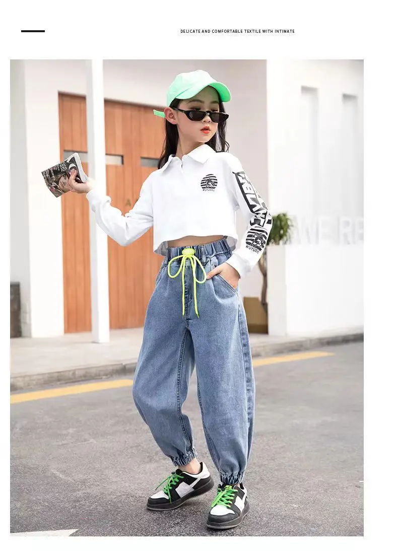 

Girls jeans 2023 autumn and winter new children's plus fleece foreign style loose fashion pants girls thickened trousers 4-12