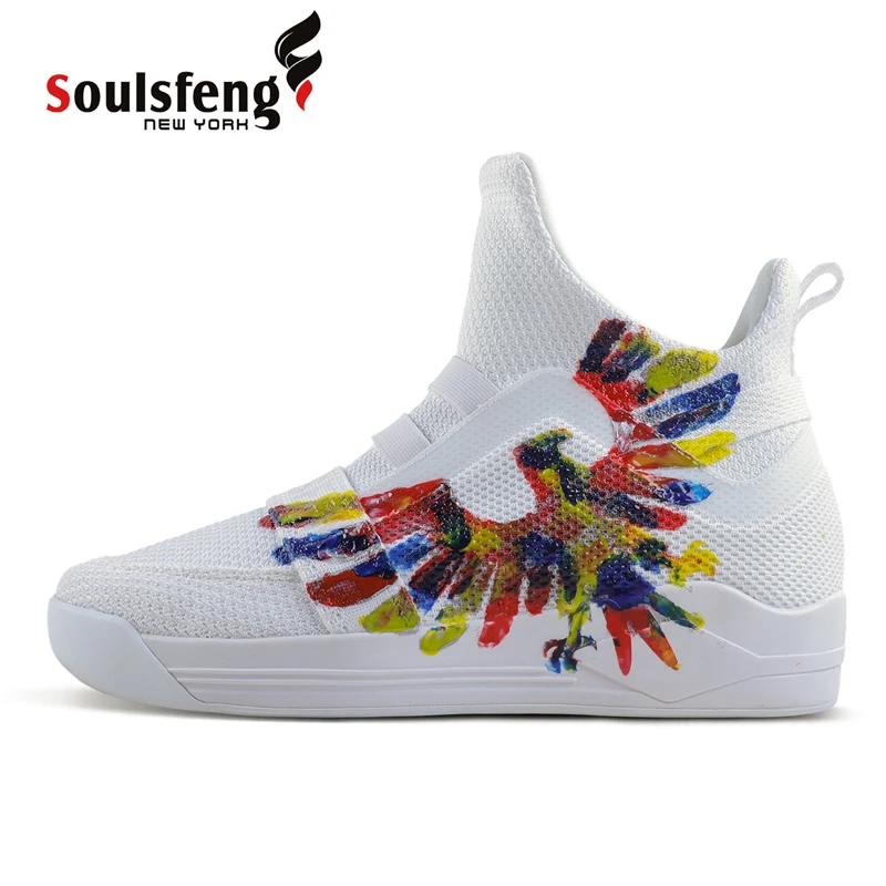 Soulsfeng-Zapatillas altas de punto de malla, Calzado cómodo con estampado de halcón blanco, Unión negra
