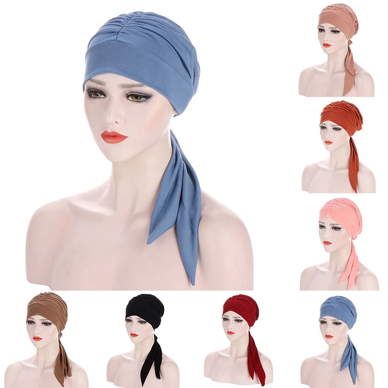 

Fashion Sleep Hat Solid Color Bonnet Hat Resuable Headscarf Turban Hats Head Cover Muslim Folds Nagao Night Cap Head Accessories