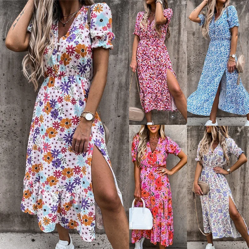 

Women Floral Printed Dress Summer Sexy Slit O Nevk Dress 2022 Ladies Beach Casual Short Sleeve Midi Dress