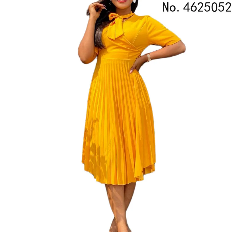 

Summer Midi Pleated Dress Short Sleeve Office Lady Africa Sashes Women High Waist Elegant Dresses Vestidos
