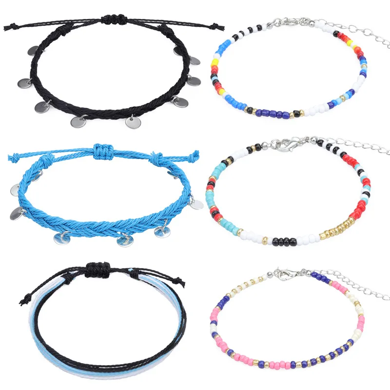 

6pcs/lot Fashion New Bead Round Pendant Anklet Women Simple Adjustable Handmade Weave Rope Anklet For Women Men Jewelry Gift