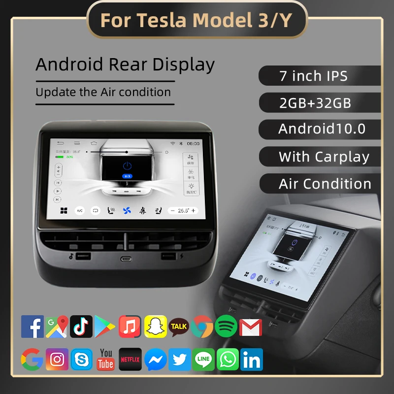 

7 Inch IPS Screen Rear Display Panel for Tesla Model 3 Y Android Air Conditioner Control Multimedia Player CarPlay Auto Music