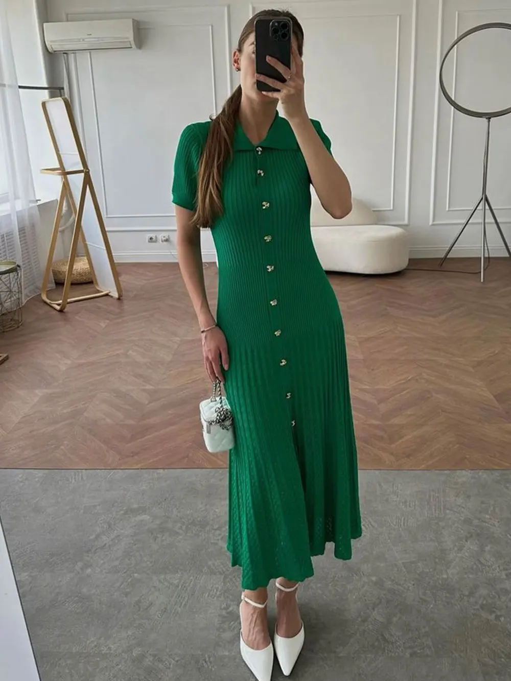 Женское Повседневное трикотажное платье с отложным воротником облегающее