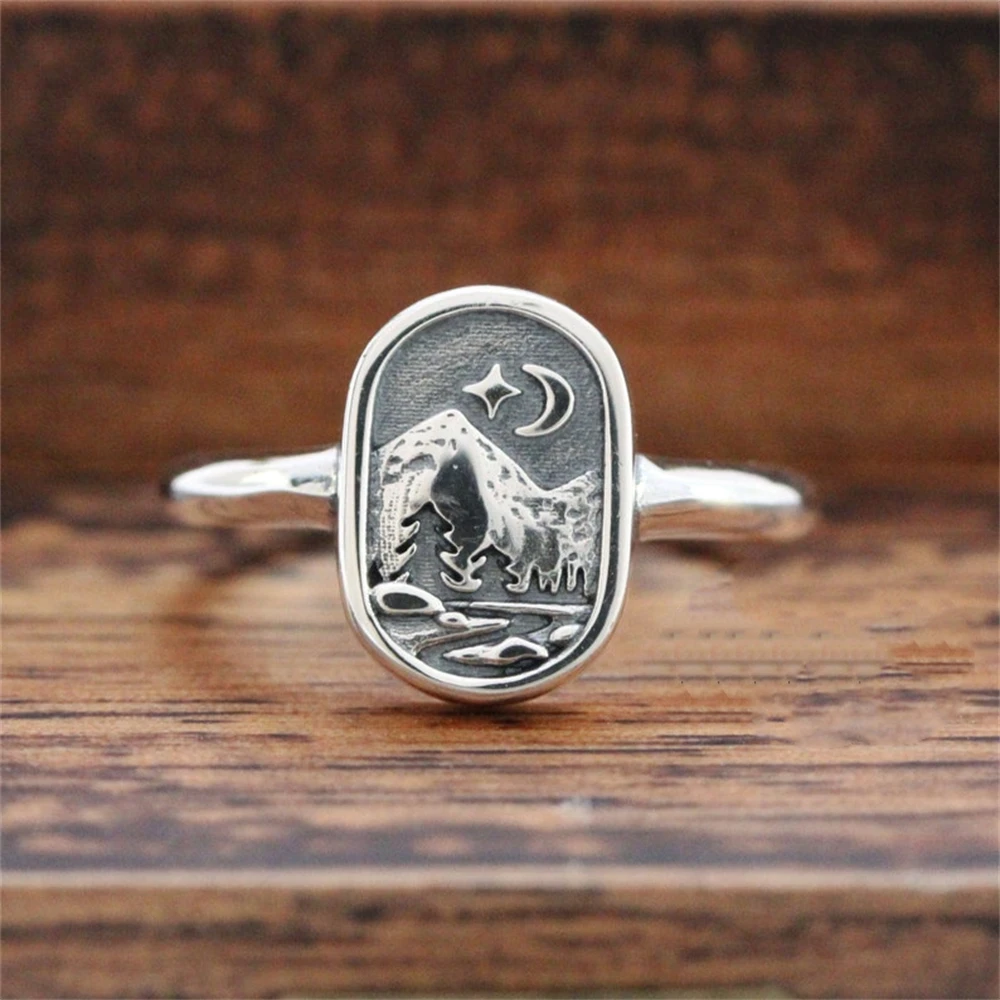 

Creative Retro Winter Star Moon Mountains And Rivers Scenery Map Ladies Niche Ring Elderly Party Anniversary Jewelry Gift