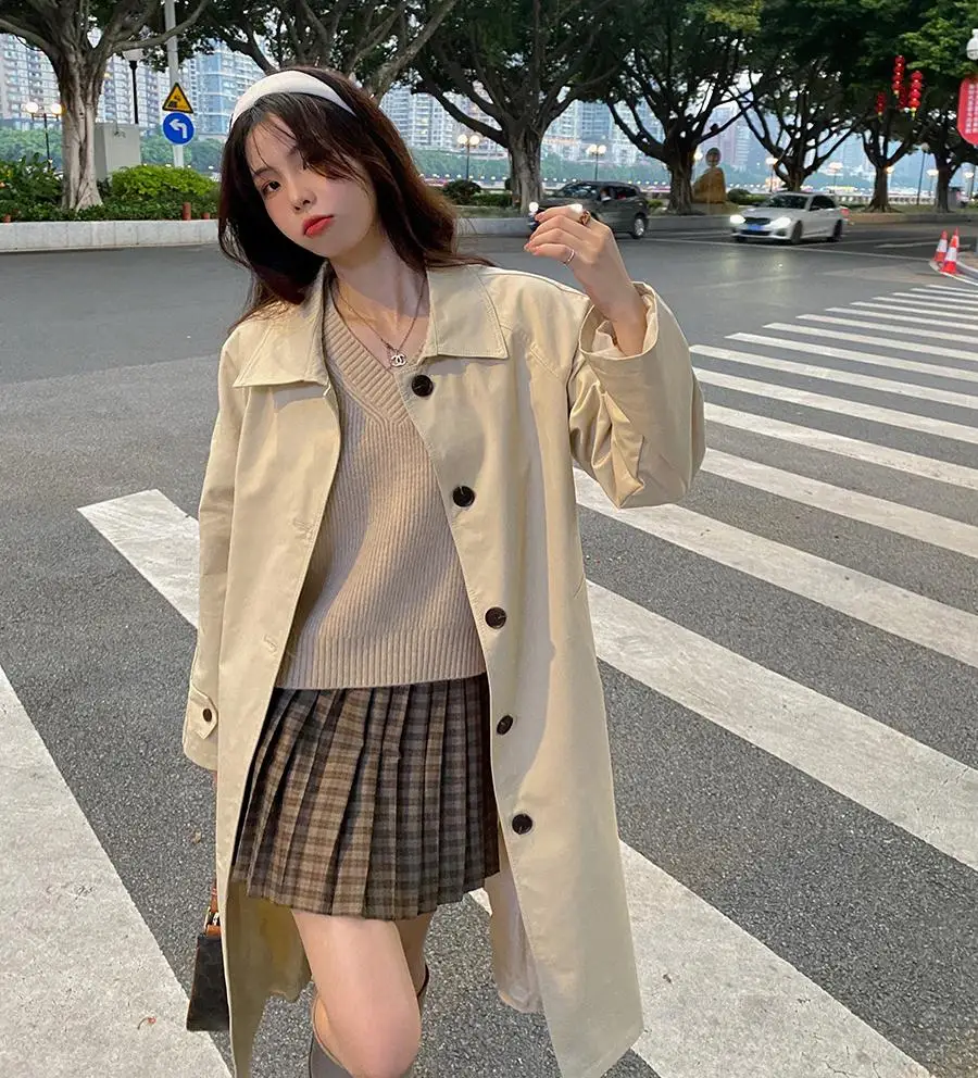 Женский Тонкий однобортный тренчкот h с поясом утепленный длинный