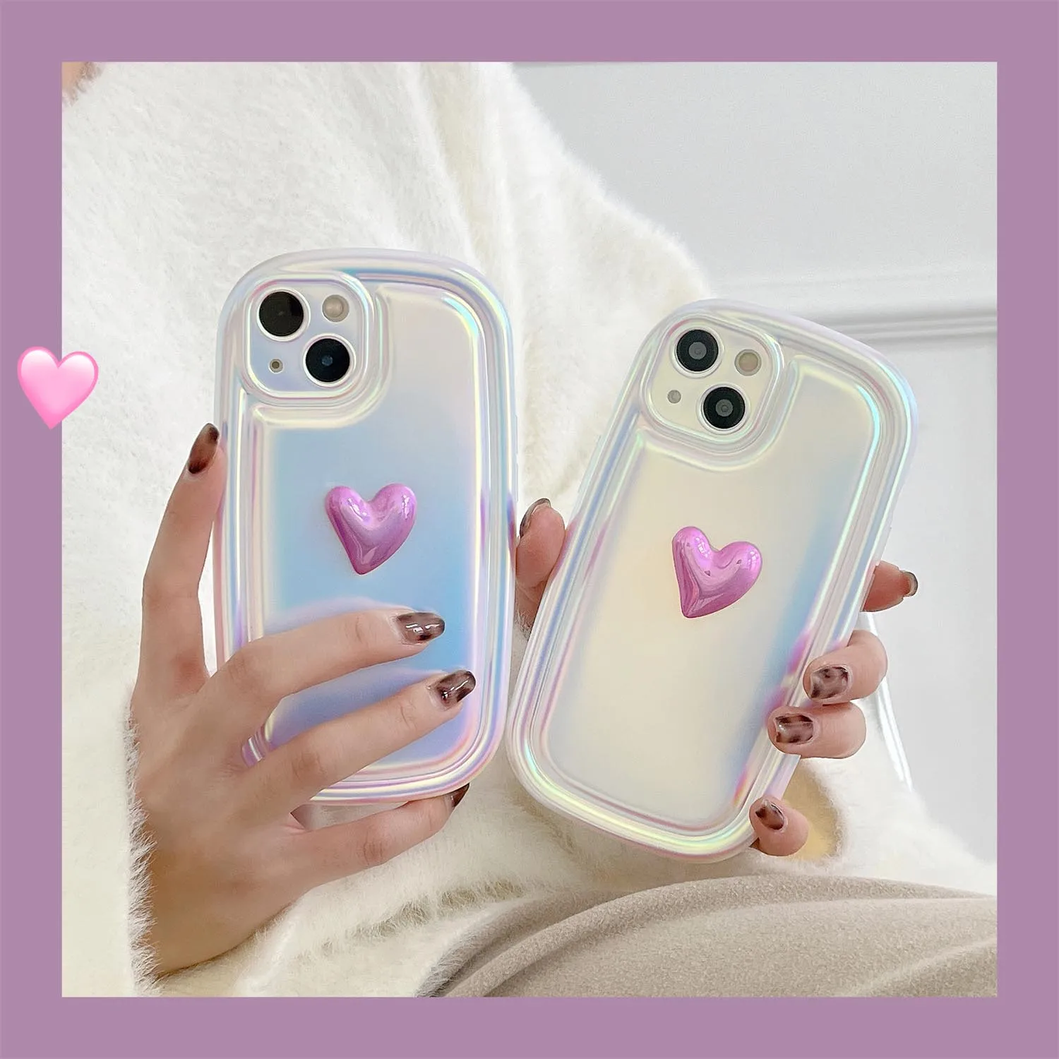 

Laser 3D Love Heart Phone Case for iPhone 14 13 12 11 Pro Max Plus X XS XR Round Edge Korea Style Protective Soft Silicone Cover