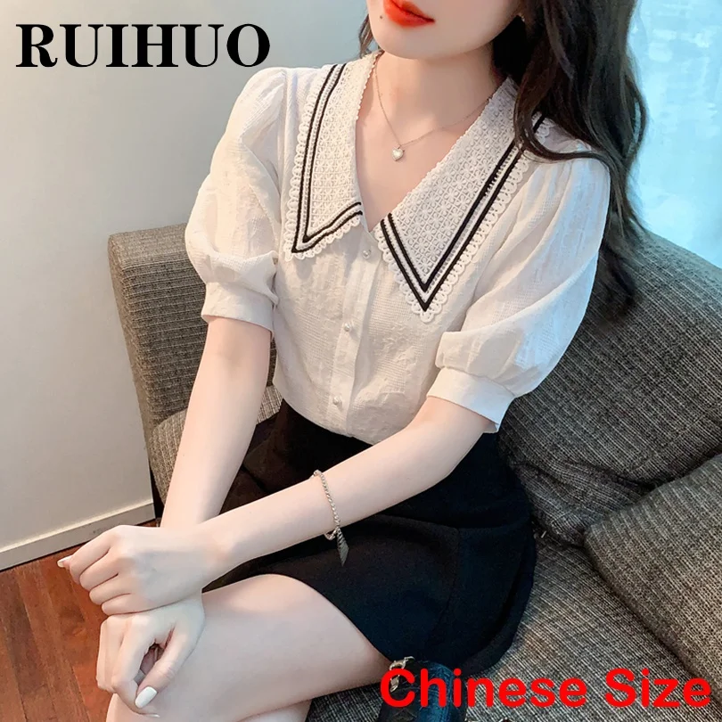 

Кружевные блузки RUIHUO или Топы для женщин, офисная одежда, белая блузка, футболка, Женская корейская мода, китайский Размер, Новое поступлени...