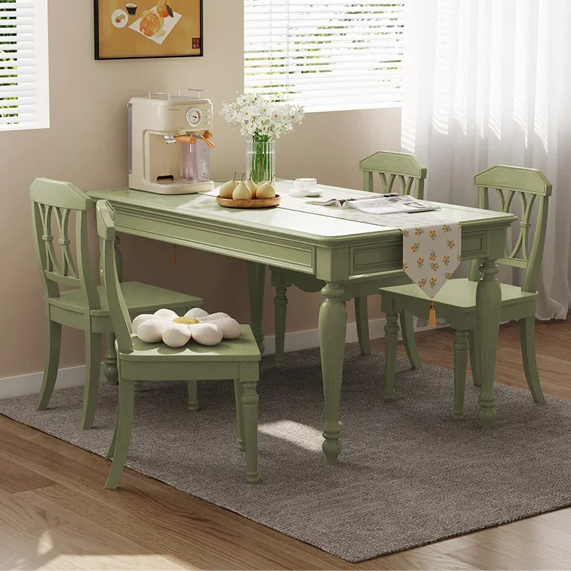 

XK American-Style Solid Wood Dining Table Small Apartment Home Rectangular Green Table Chair