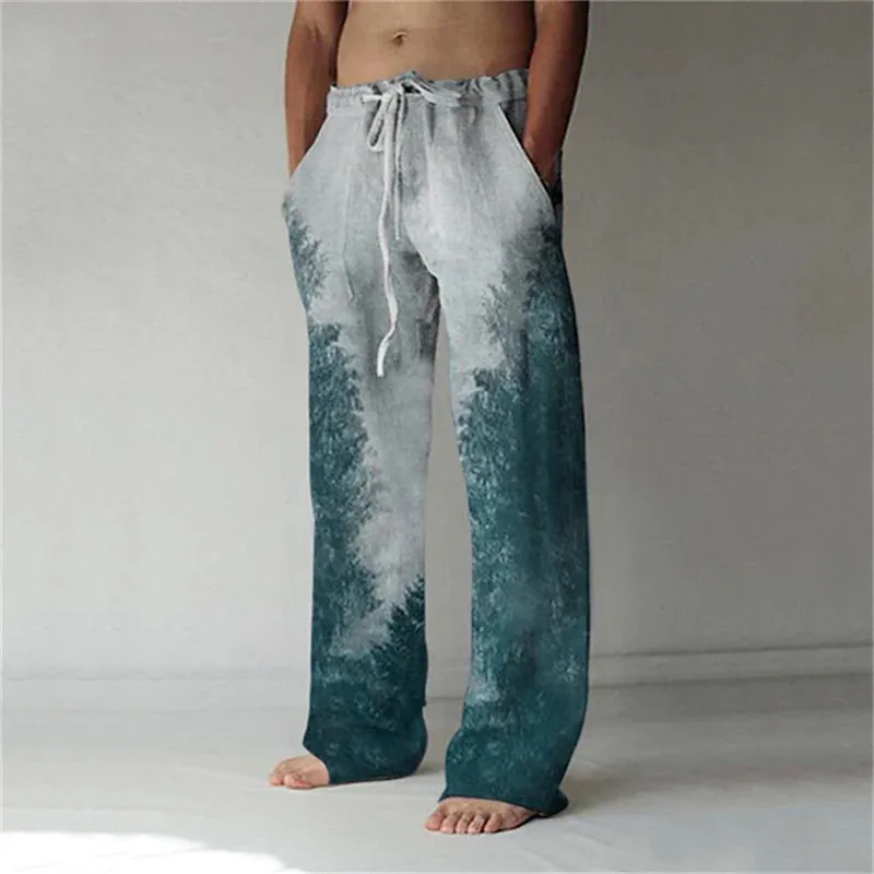Landscape Painting Men's Trousers Casual Lose Baggy Pant Pockets Drawstring Elastic Waist Texture Pants Yoga Comfort Soft