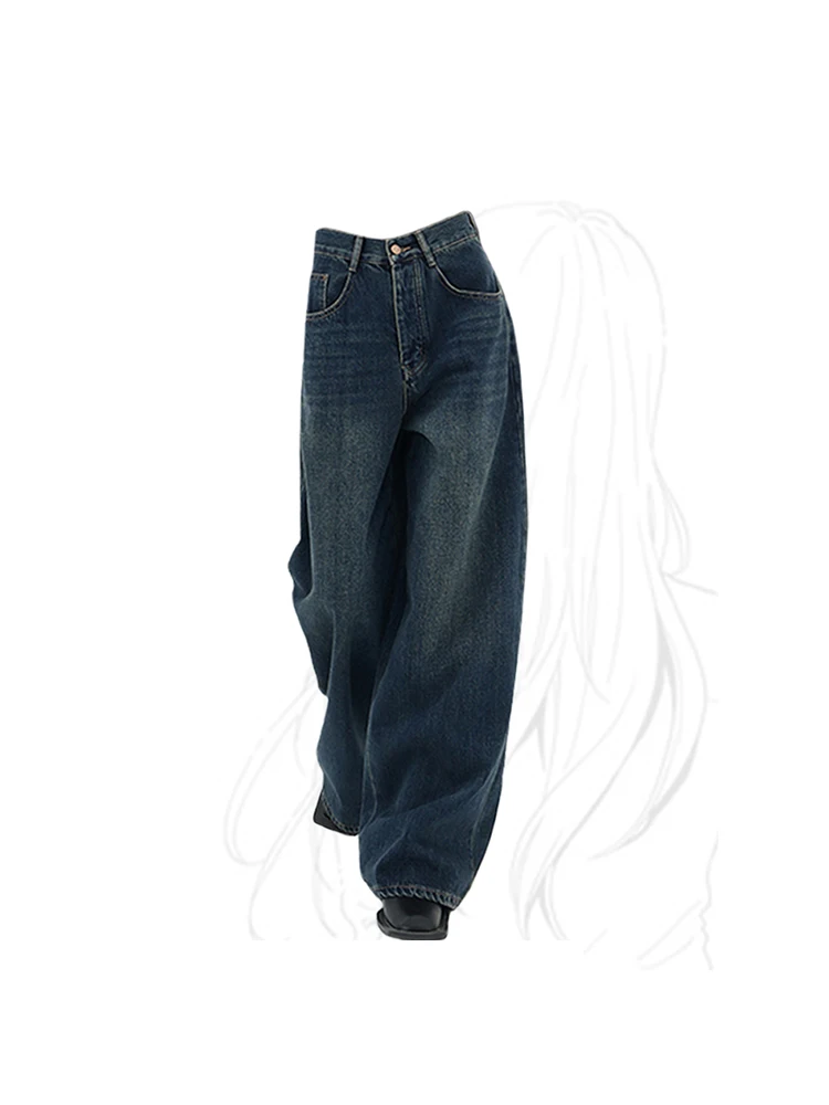 

Синие женские джинсы-багги Y2k, прямые широкие брюки из денима с высокой талией, модная уличная одежда, винтажная повседневная летняя одежда в стиле харадзюку