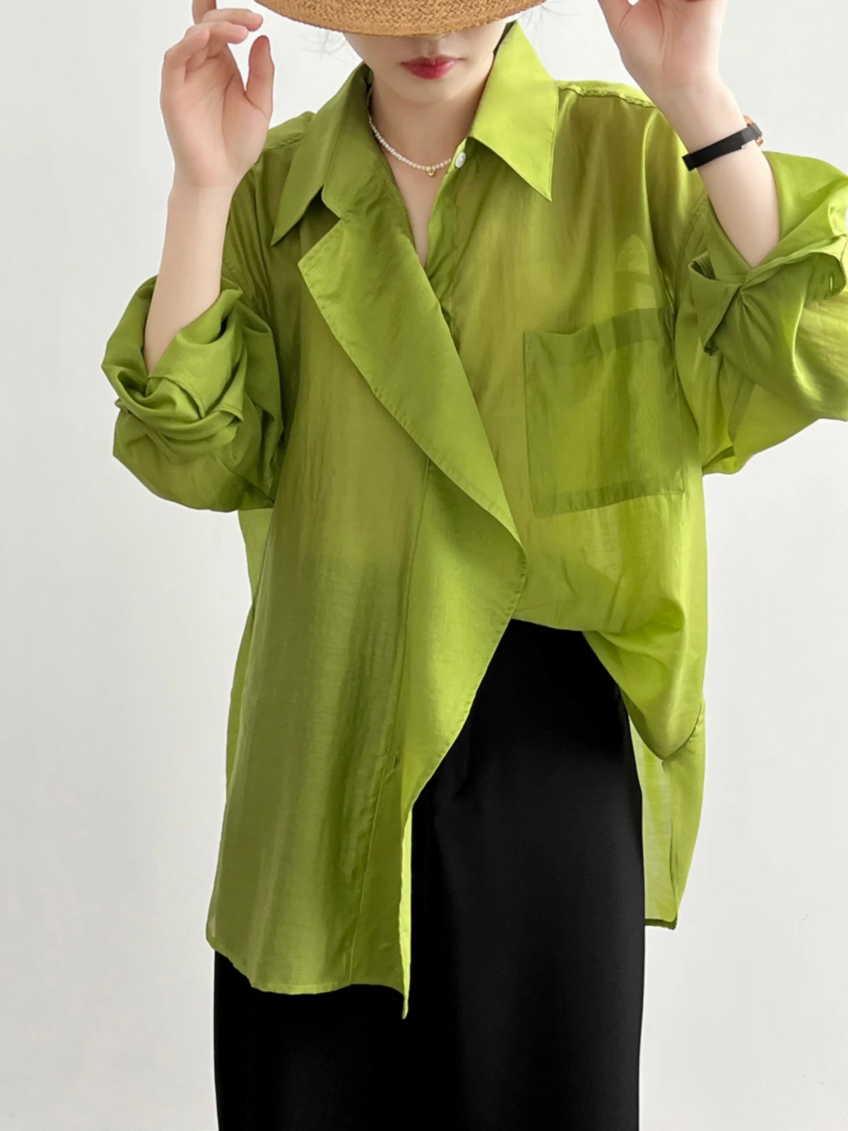 European retro lapel rayon shirt,oversize Thin silk blouse Elegant Office Women Lyocell Top Plus size clothes 2XL Avocado green