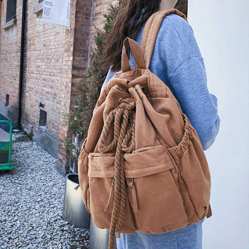 

Холщовый винтажный Модный удобный рюкзак на шнурке для женщин, Женский вместительный ранец для ноутбука, дорожные школьные дамские сумочки