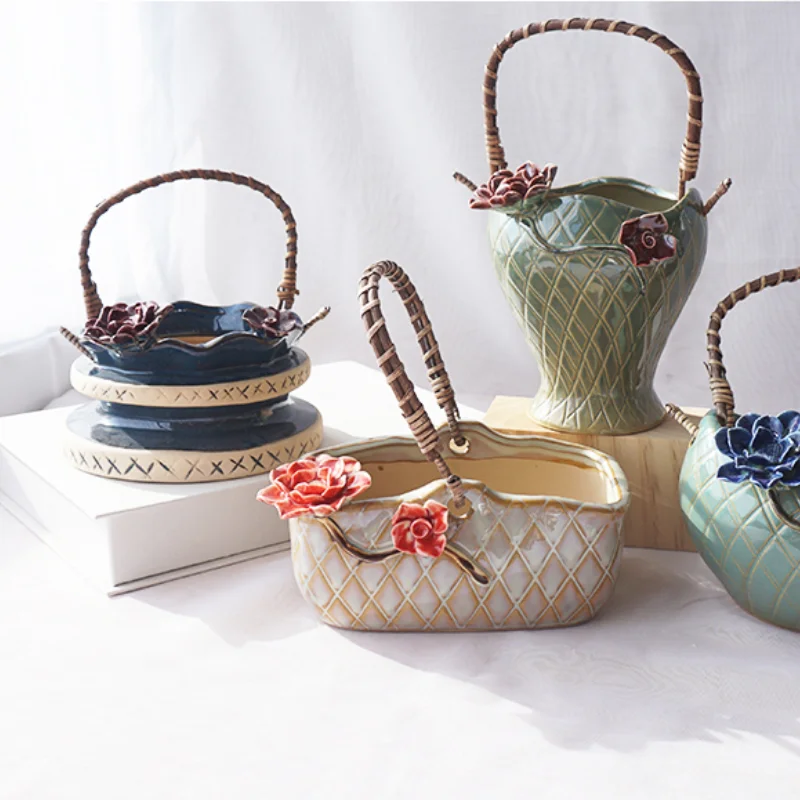 

Подвесная корзина из ротанга ручной работы, модный современный цветочный горшок, креативная грубая керамика, дышащая ручная роспись