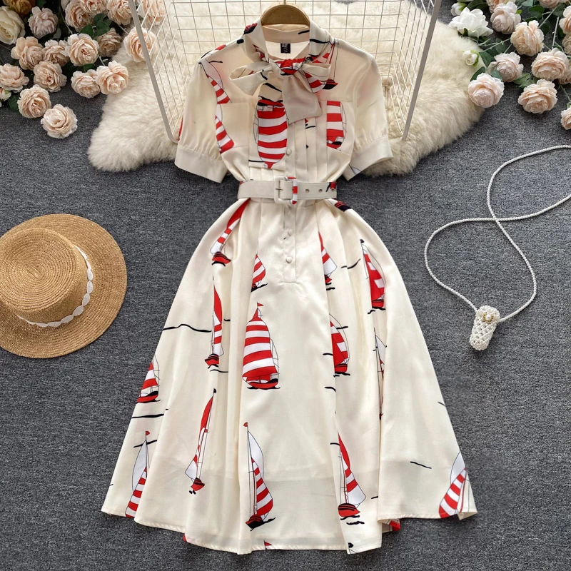 

WEIHAOBANG 2022 Summer Women New Printed Stand Collar Short Sleeve Belt High Waist Slim Dress Casual Medium Length A-line Skirt