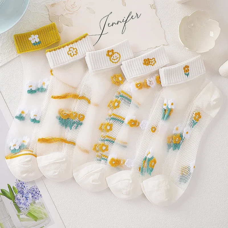 5 Pairs Summer Thin Cotton All-Over Transparent Sweet Mid-Tube Socks