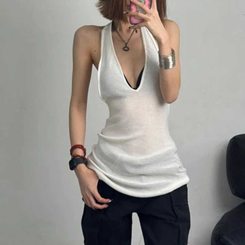 Женская Трикотажная майка с лямкой на шее однотонная Облегающая открытой спиной