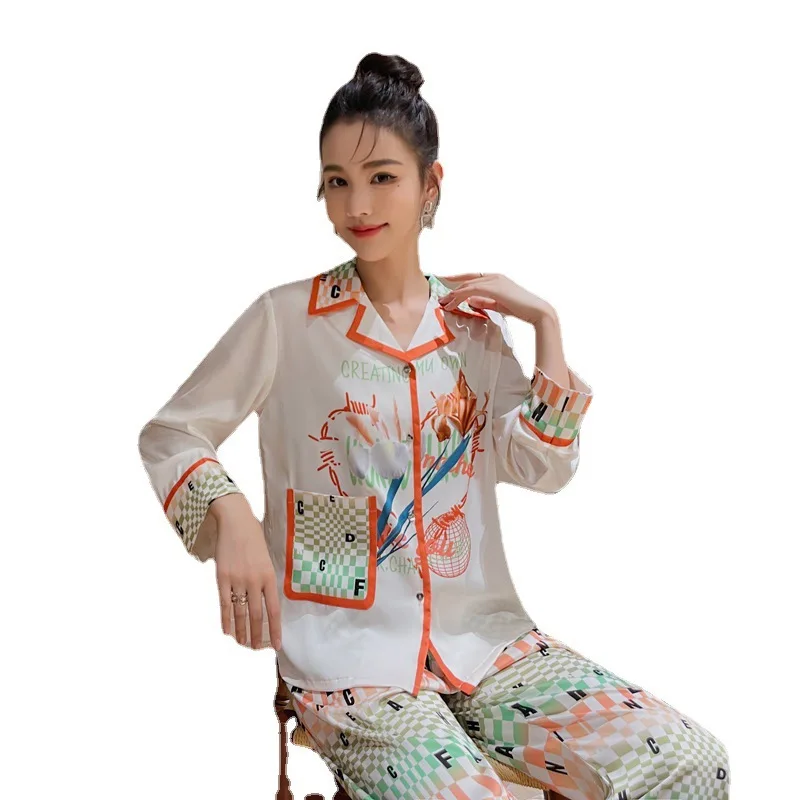 Ice Silk Pajamas Suit for Women 2023 Spring and Autumn New Long-Sleeved Trousers Comfortable Letter Cardigan Casual Outdoor Home