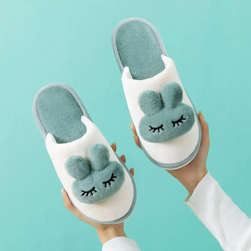 

2022 Couples Home Slippers Lovely Warm Rabbit Ears Women Indoor Outdoor Faux Fur Flat Plush Shoes Men Winter Fluffy Slides