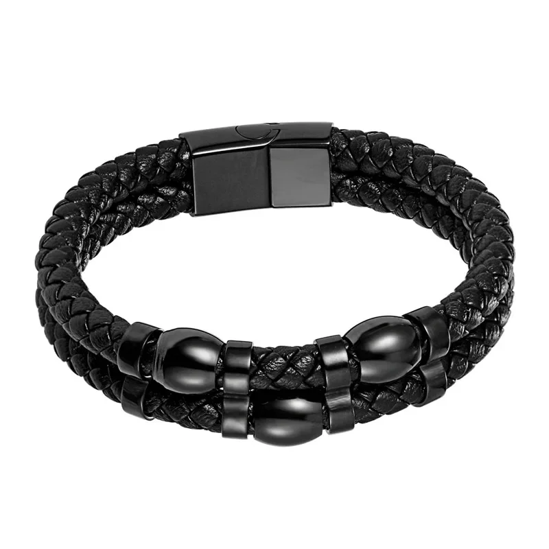 Fashionable Cross-Border Style Men's Genuine Leather Titanium Steel Punk Bracelet Black Versatile Stainless Unique Wristba