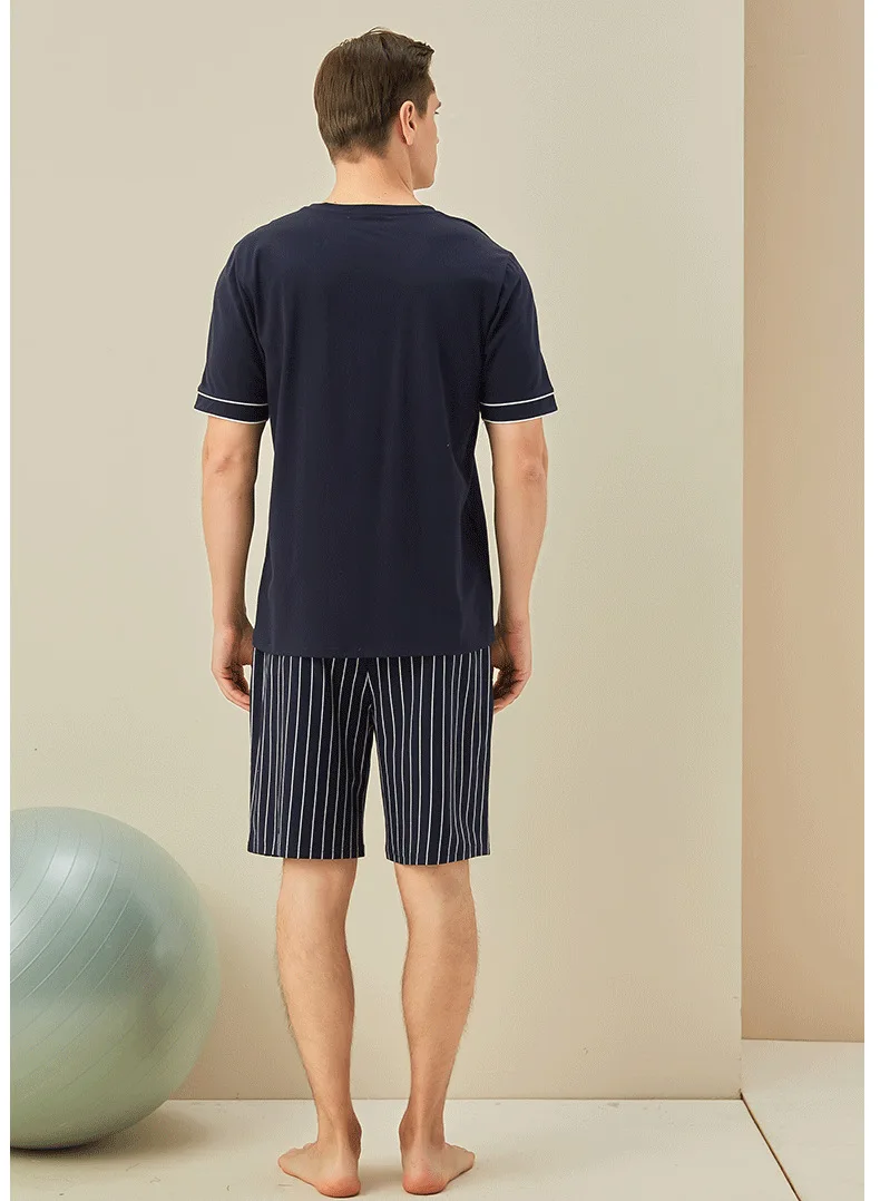 Knitted Cotton Men's Pajamas Two Piece Set Stripe Short-sleeved Top Shirt Loose Casual Shorts Home Clothes Sleep Wear Men Pajama