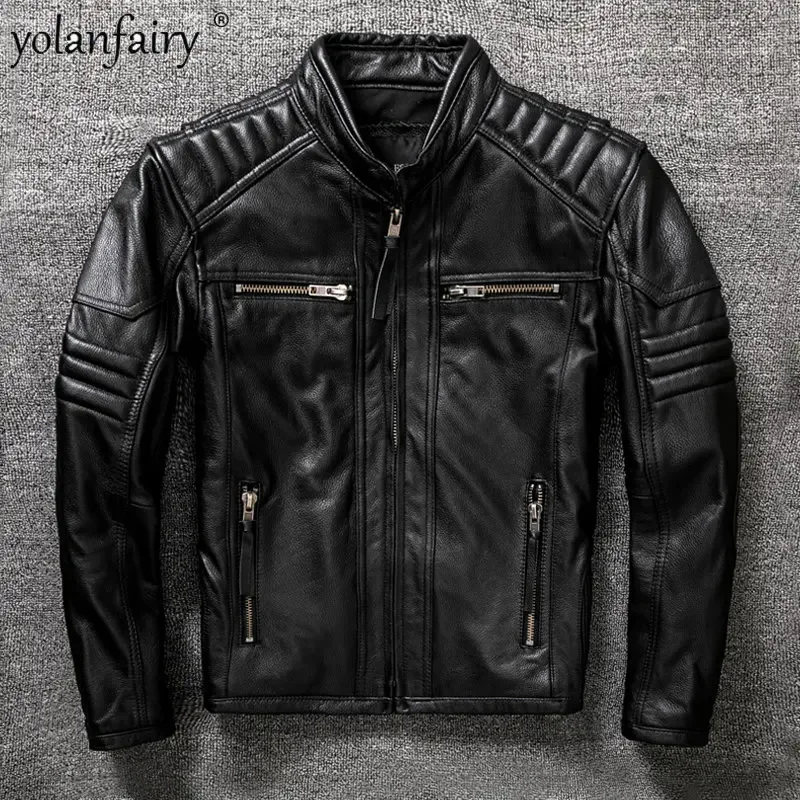 

Куртка мужская из натуральной воловьей кожи, мотоциклетный пиджак с верхним слоем, облегающий Байкерский жакет, 6XL