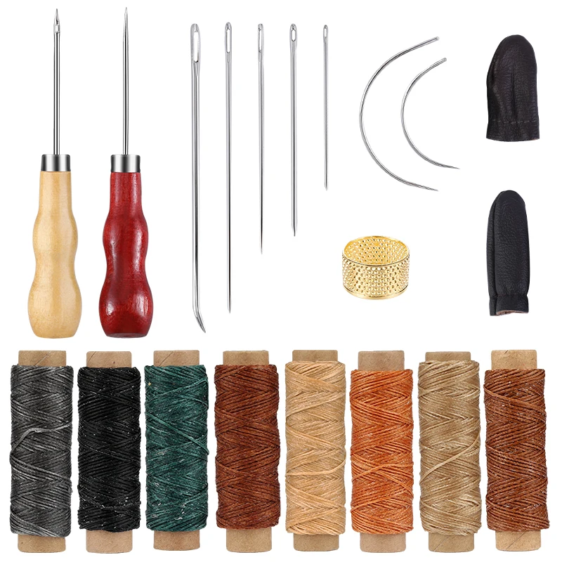 LMDZ Leather Sewing Kit with Large-Eye Stitching Needles Waxed Thread Wooden Handle Drilling Awls Tools For DIY Leather Craft