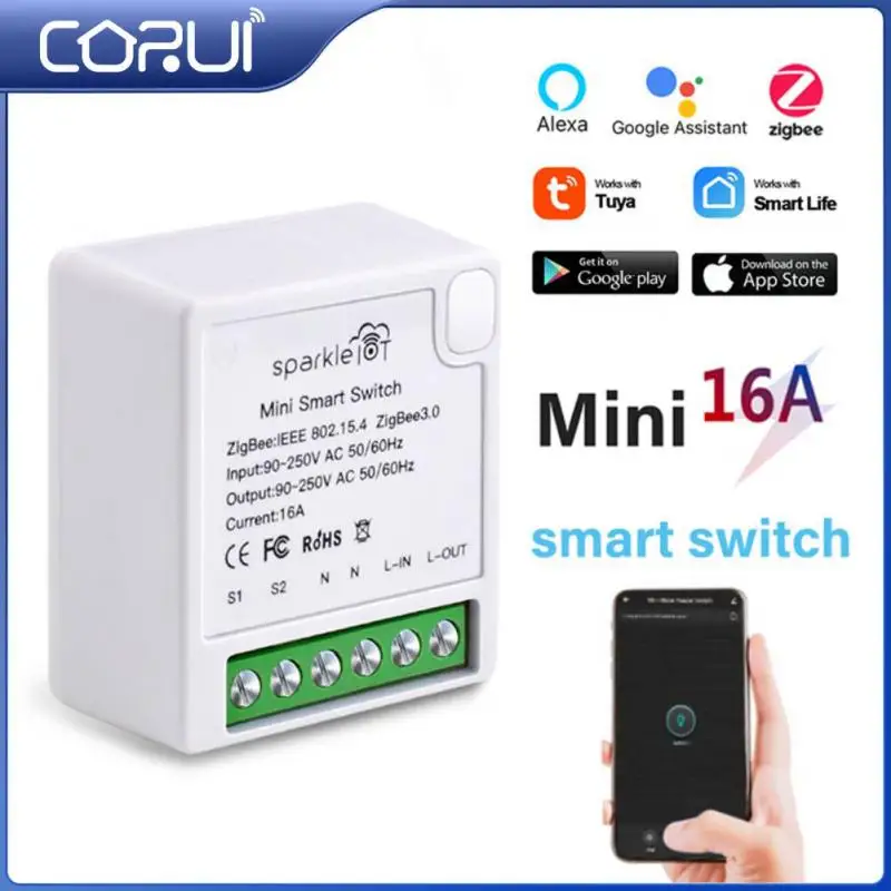 

Умный мини-переключатель CORUI Tuya Zigbee, 16 А, пульт дистанционного управления с двухсторонним управлением, поддержка Smart Life, Alexa, Google Home