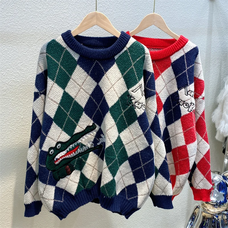 

Nomikuma Harajuku Cartoon Knitted Women Pullovers 2022 New Spring O Neck Long Sleeve Sweaters Vintage Cute Plaid Sweaters