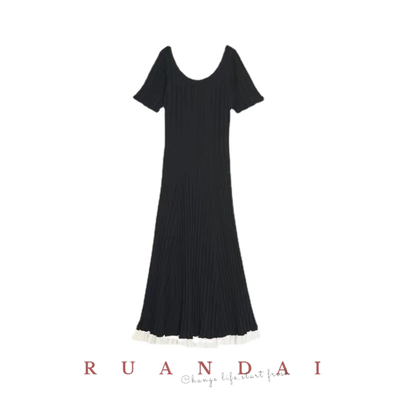 

Ruffled Short-sleeved A-line Skirt for SANDRO 2022 Summer Round Neck Back Deep V Pullover Double-faced Knitted Dress Women
