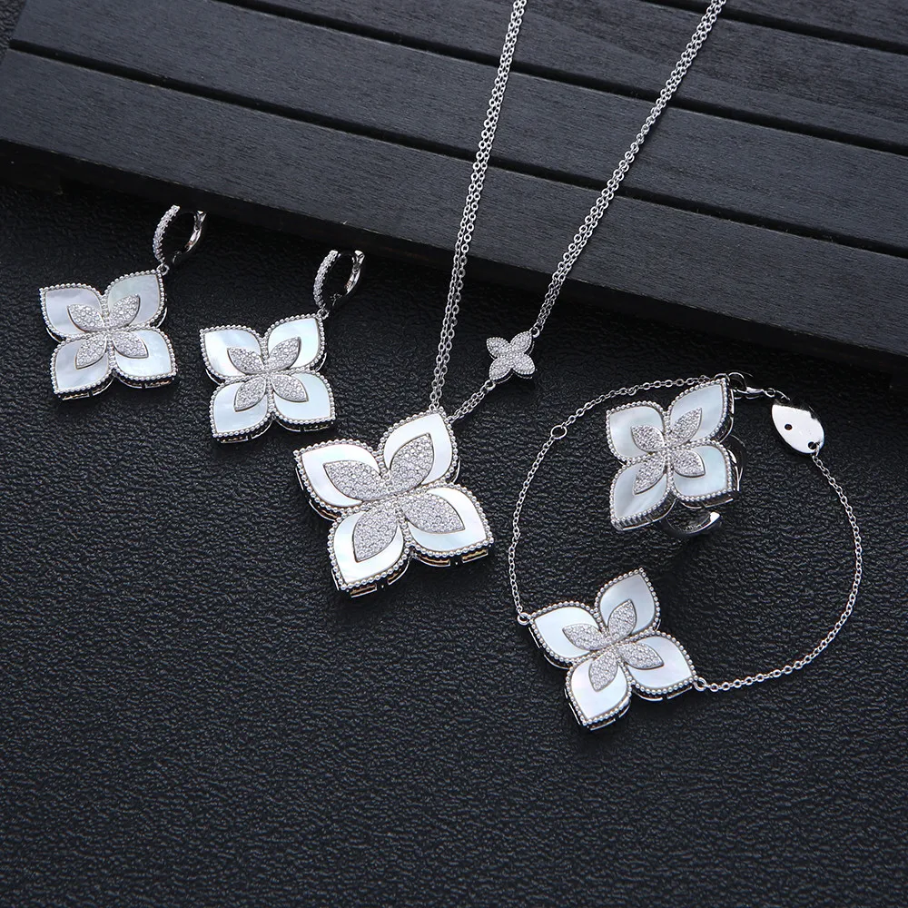 

Роскошный цветочный массивный набор ожерелье серьги кольцо браслет для женщин Свадебная вечеринка полный Циркон Дубай Свадебные украшения S379