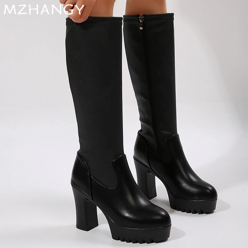 Женские кожаные высокие сапоги на высоком каблуке женские туфли до колена тренд