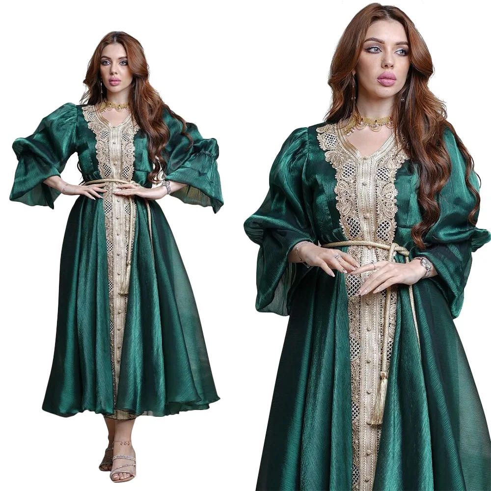 Muslim Arab Middle East Turkish Lantern Sleeve Belt Temperament Evening Gown Dress