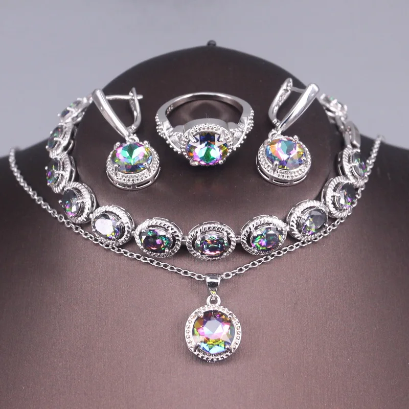

Rainbow Round Silver 925 Bridal Jewelry Sets For Women AAA Cubic Zirconia Necklace Earrings Ring Bracelets Hot Earrings Jewelry